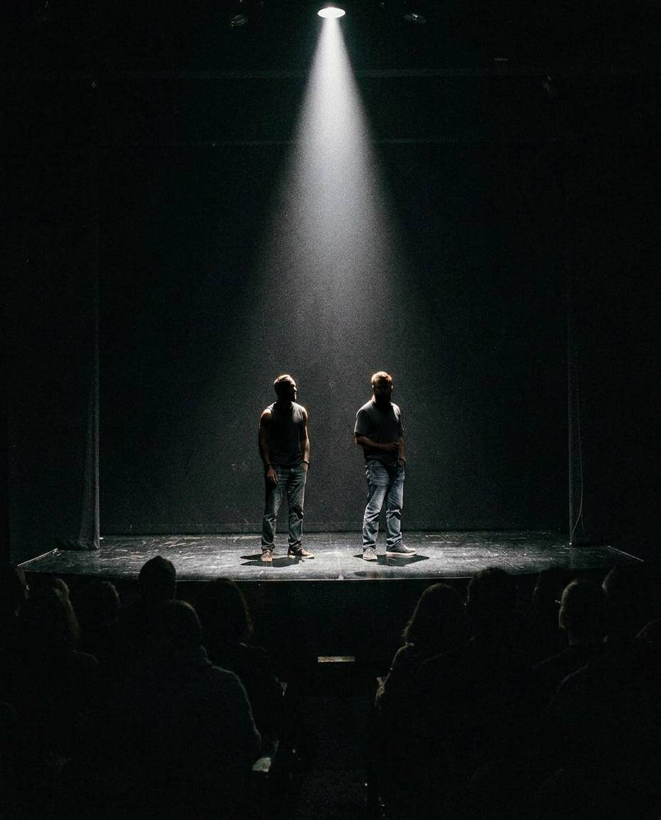 Two actors facing each other beneath a spotlight on a dark stage