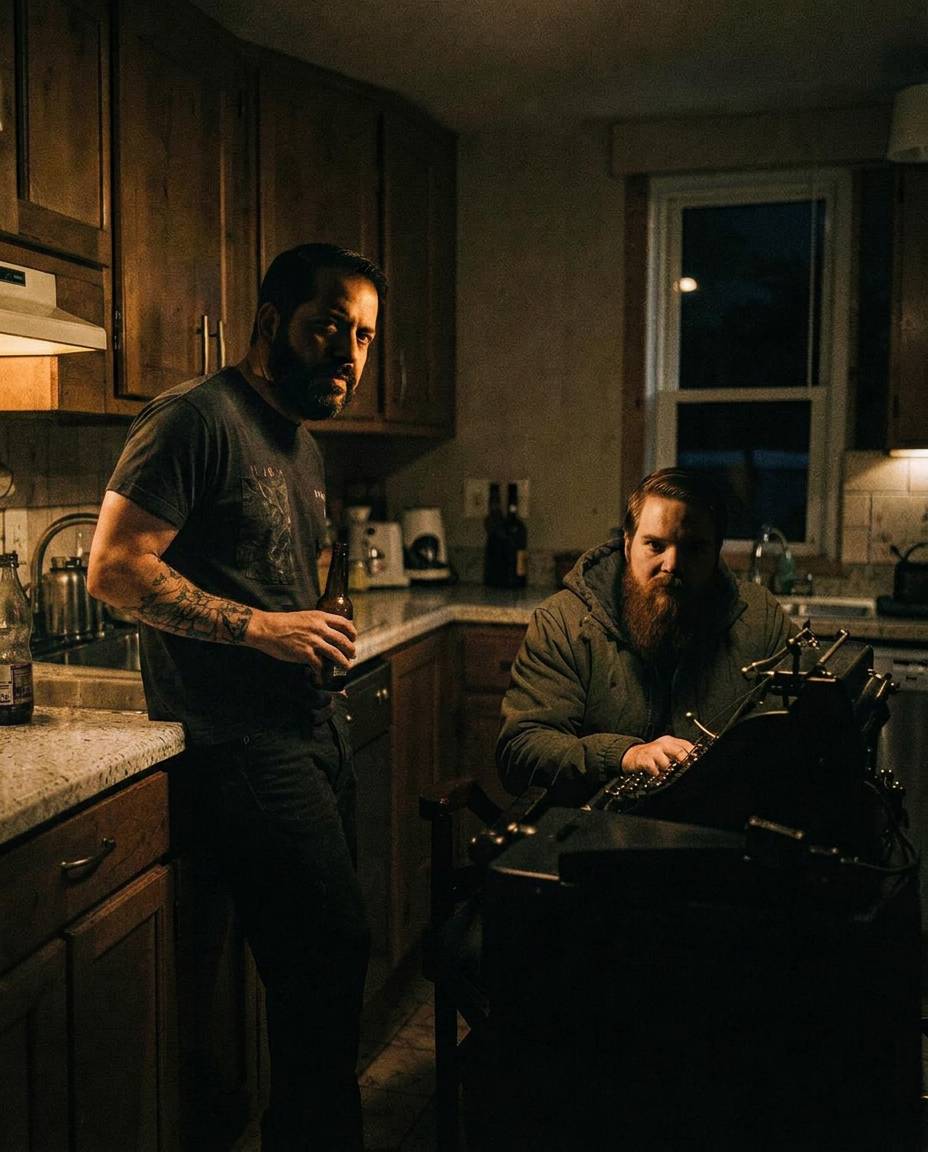 Two brothers facing each other in a tense, dimly lit kitchen